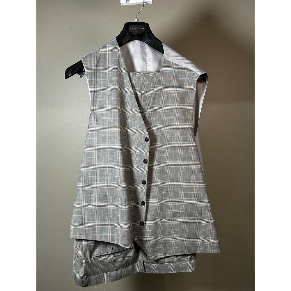 Alain Dupetit Light Grey Glen Plaid 3-Piece Suit 54L Jacket Vest Pants EUC